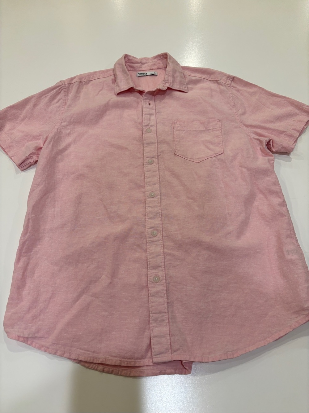 Sonoma Pink Short-Sleeve Button-Down Shirt Linen Cotton Lightweight Breathable